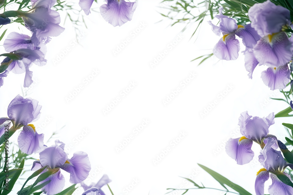 Purple irises and green leaves on white background with copy space Purple irises and green leaves on white background with copy space