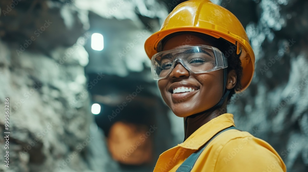 African American woman engineer smiling in a mine wearing safety gear and helmet African American woman engineer smiling in a mine wearing safety gear and helmet