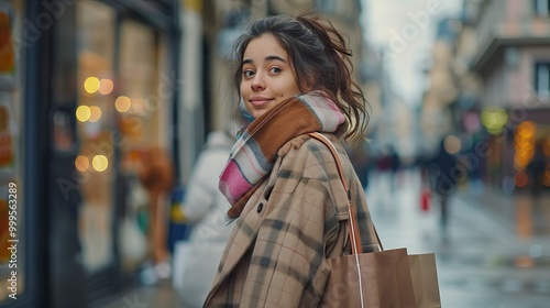 Happy young woman carrying shopping bags in vibrant city street, celebrating sales, tourism, and joyful urban experience