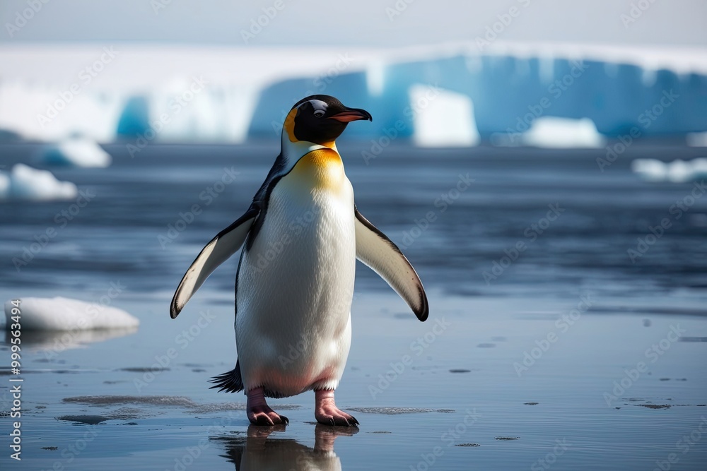 Fototapeta premium Penguin Waddling on Ice in Natural Habitat Wildlife Bird Behavior