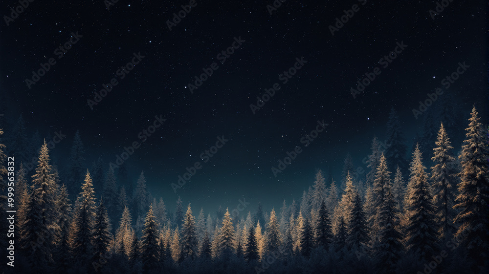 Magical winter night with starry sky over snowy pine forest Magical winter night with starry sky over snowy pine forest