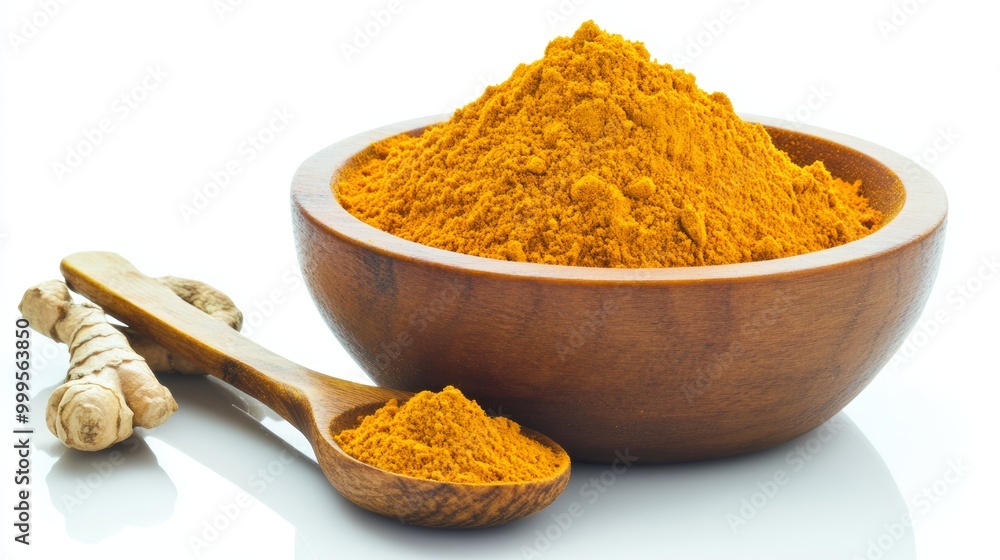 Above of Turmeric powder in spoon and wooden bowl isolated on white background. Above of Turmeric powder in spoon and wooden bowl isolated on white background.