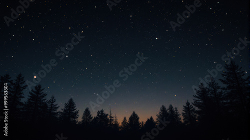 Stars twinkle above a tranquil forest with trees landscape at twilight