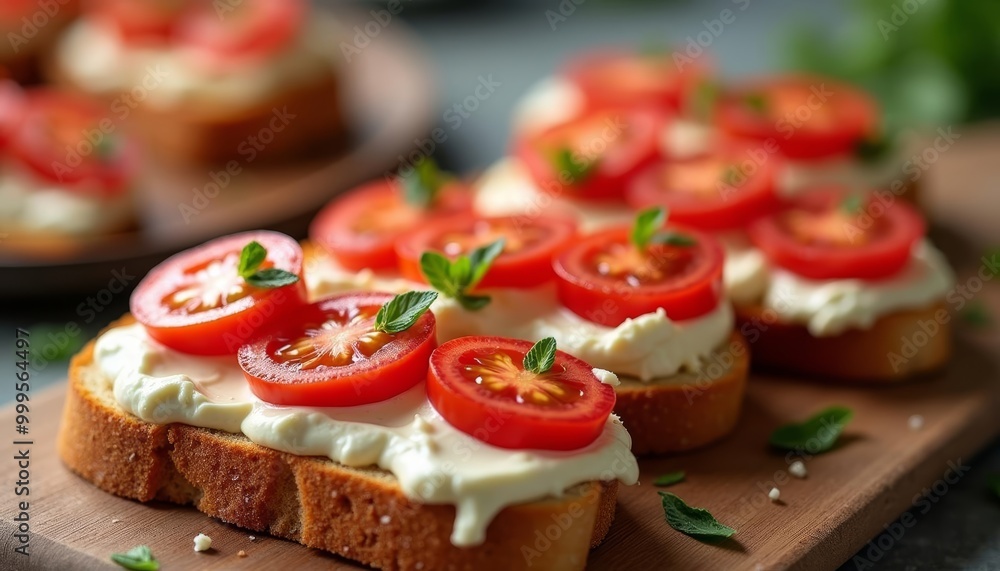 Freshly sliced tomatoes on a wooden board ready to be served Freshly sliced tomatoes on a wooden board ready to be served