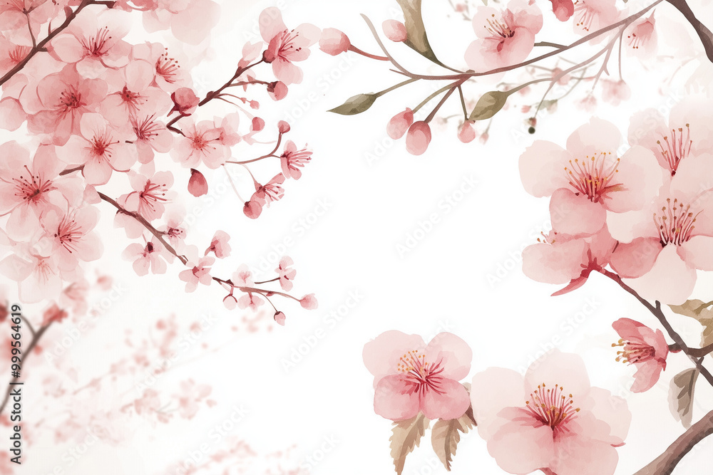 Naklejka premium Watercolor cherry blossom branches, soft pink hues, spring floral illustration with copy space