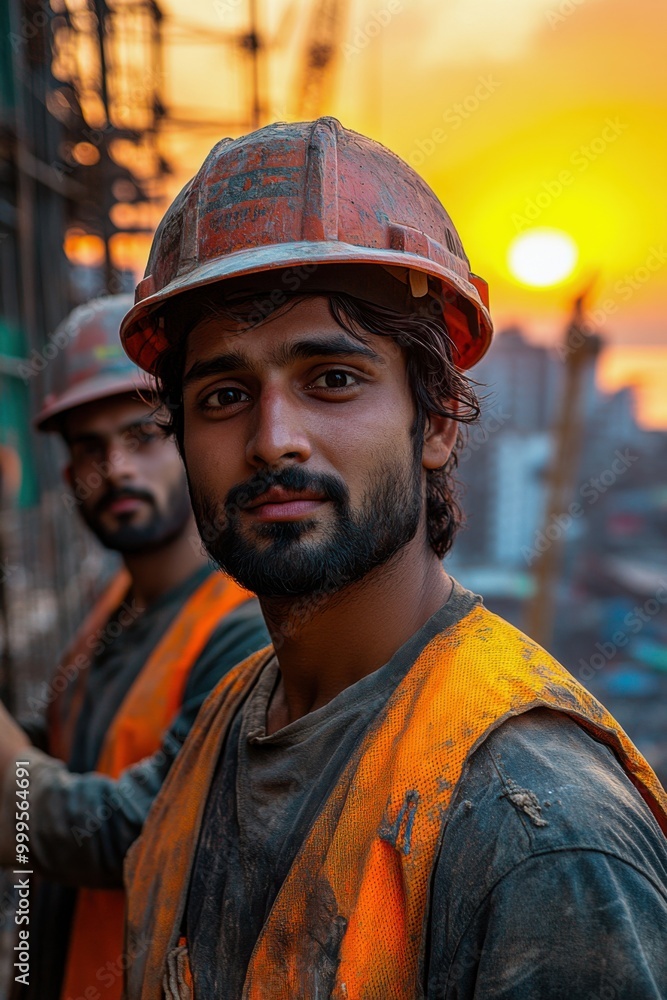 Construction workers in hard hats during sunset on job site Construction workers in hard hats during sunset on job site