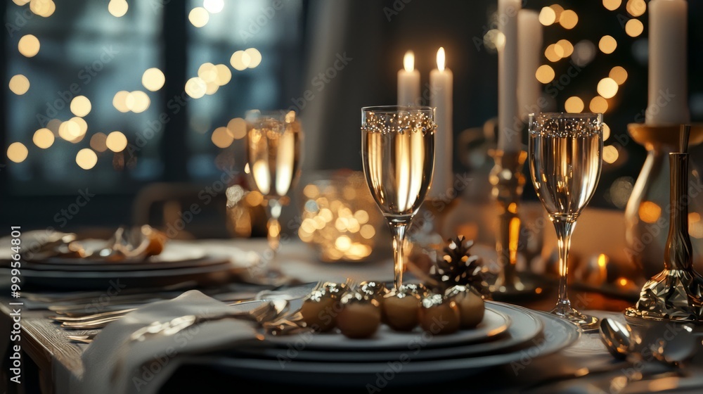 Festive new year Dinner Table with Candlelight, with special food, celebration with champagne Festive new year Dinner Table with Candlelight, with special food, celebration with champagne