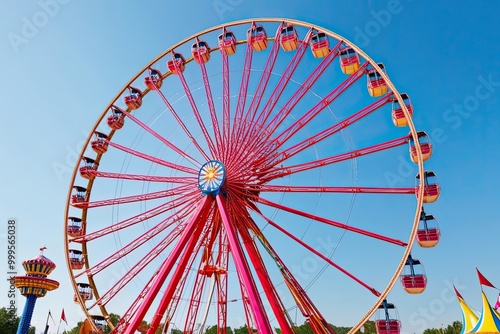 Vibrant Ferris Wheel Surrounded by Amusement Park Fun on Clear Day