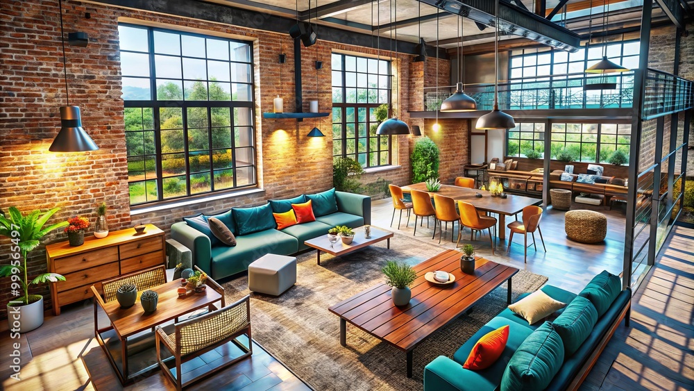 Naklejka premium Embrace modern industrial style with exposed brick walls, metal details, and rustic furnishings for a chic, inviting