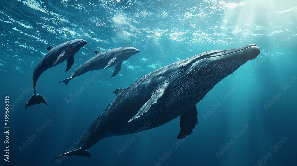 Naklejka premium A Pod of Dolphins Swimming Alongside a Massive Blue Whale