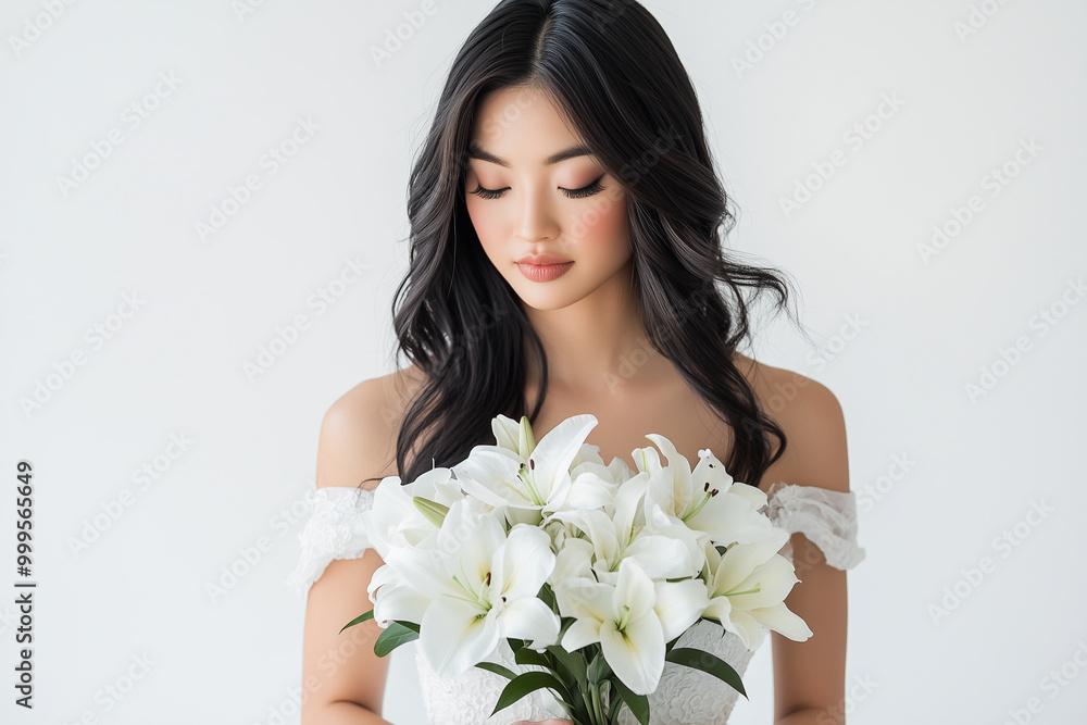 An Asian bride wearing a long-sleeve lace gown, holding a minimal white bouquet of roses. Her hair is styled in a sleek, low bun for wedding
An Asian bride wearing a long-sleeve lace gown, holding a minimal white bouquet of roses. Her hair is styled in a sleek, low bun for wedding