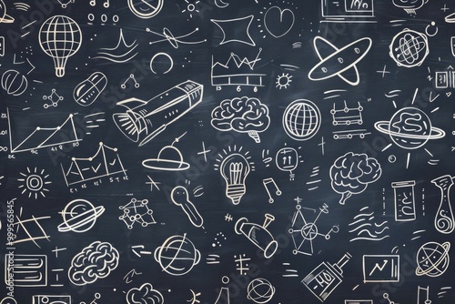 Illustrated chalkboard filled with science and technology doodles showcasing various concepts and ideas related to innovation and exploration