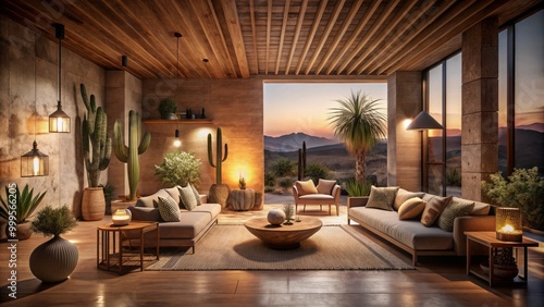 Embracing the tranquil essence of the desert, this interior design showcases earthy tones, natural textures, and