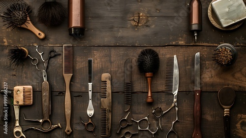 Tools for a hair salon on an antique oak backdrop