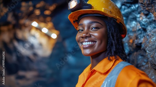 Smiling Black woman engineer wearing safety gear in an underground mine Concept of mining industry
