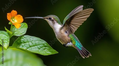 Hummingbird with orange flower - flight. Green Violet-ear Colibri thalassinus hummingbird with green leaves in natural habitat Panama.