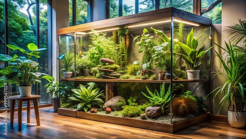 Experience a modern vivarium filled with vibrant greenery and unique plants. Natural light enhances the serene photo