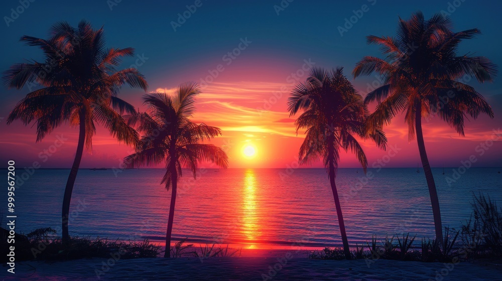 An evening on the beach with palm trees. Colorful picture for rest. Blue palm trees at sunset. Orange sunset in the blue sky. An evening on the beach with palm trees. Colorful picture for rest. Blue palm trees at sunset. Orange sunset in the blue sky.