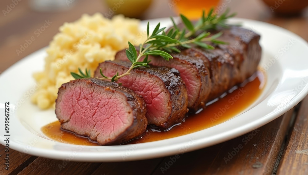 Deliciously cooked steak with a side of fluffy mashed potatoes Deliciously cooked steak with a side of fluffy mashed potatoes