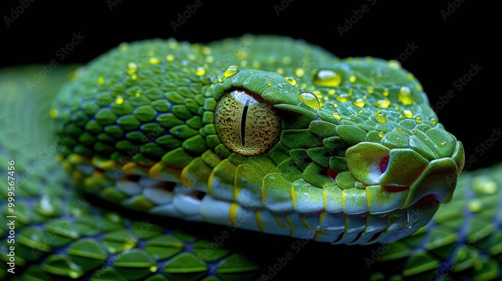 Fototapeta premium Green viper snake isolated on black.