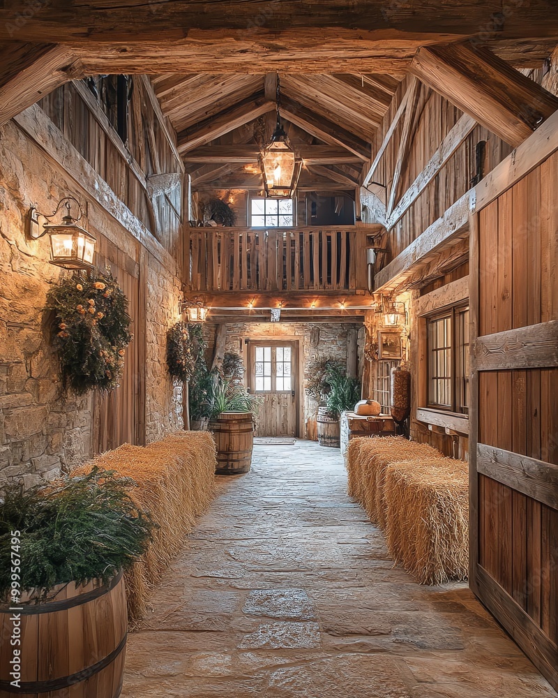 Rustic wooden hallway with hay bales lining the walls, wooden beams, and a lantern. Rustic wooden hallway with hay bales lining the walls, wooden beams, and a lantern.