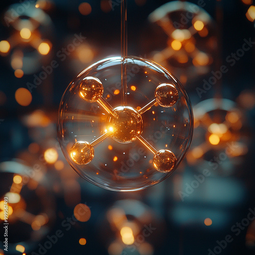 A glowing atomic model representing energy and science, surrounded by blurred background of similar structures, creates captivating visual. photo