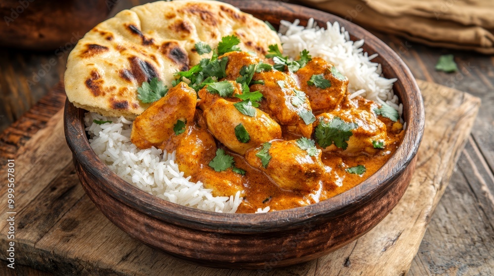 Butter chicken with rice and naan flatbread served in original indian karahi pots. Butter chicken with rice and naan flatbread served in original indian karahi pots.