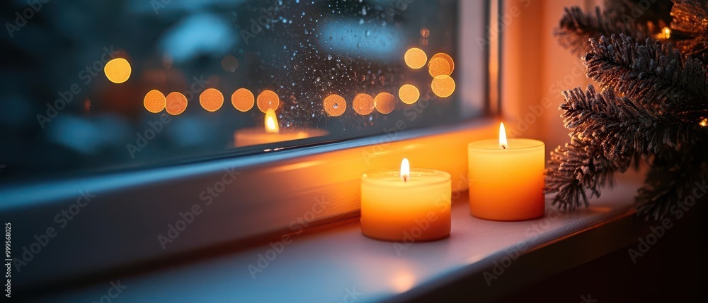 Warm candlelight glows softly beside a frosted window, creating a cozy and inviting atmosphere during the winter season. Warm candlelight glows softly beside a frosted window, creating a cozy and inviting atmosphere during the winter season.