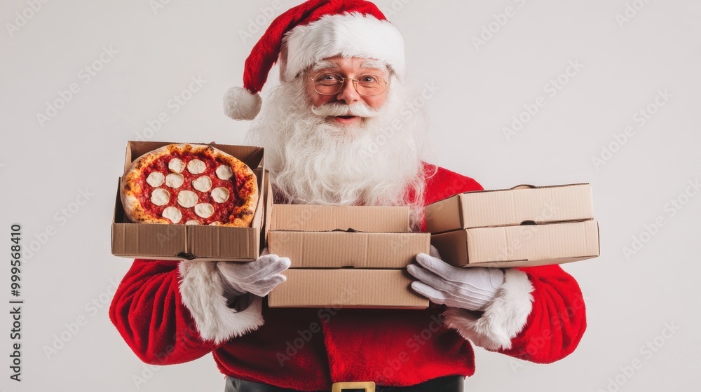 Naklejka premium Santa Claus delivering pizzas during the festive holiday season in a cheerful indoor setting
