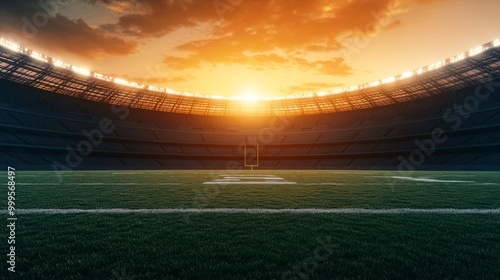 A breathtaking sunset casts golden light over a vast football stadium, highlighting the grassy field and goalposts.