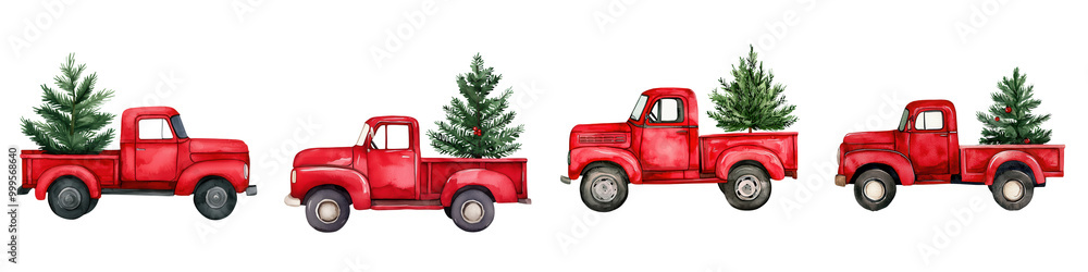 Four red trucks with Christmas trees on a white isolated background. Four red trucks with Christmas trees on a white isolated background.