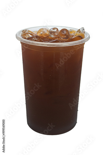 Iced black coffee in plastic cup, Side view.