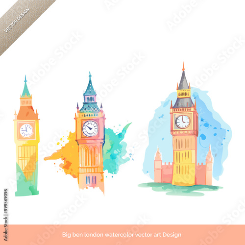 Big Ben in London  Watercolor Vector Art Set