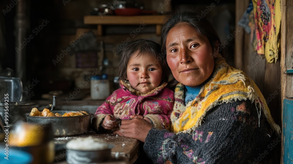 A mother holds her young child in a rustic kitchen. This photo represents the bond between mother and child in a rural setting. A mother holds her young child in a rustic kitchen. This photo represents the bond between mother and child in a rural setting.