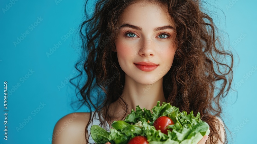 Close up portrait of a beautiful young woman holding a fresh vegetable salad against a blue backdrop representing a healthy lifestyle Close up portrait of a beautiful young woman holding a fresh vegetable salad against a blue backdrop representing a healthy lifestyle