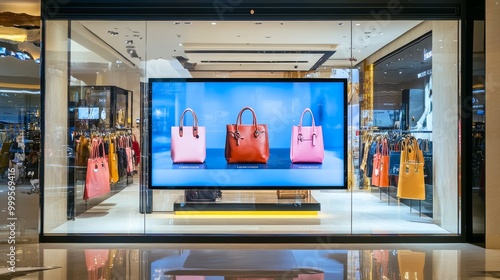 Vertical LED TV Screen at Front of fashion bags store in Shopping Mall. Perfect for showcasing your logo and branding.