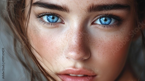 Captivating beauty featuring stunning blue eyes and understated makeup cosmetic enhancement