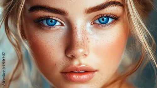 Captivating beauty featuring stunning blue eyes and understated makeup cosmetic enhancement