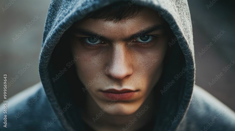 Close up of an individual in a hoodie gazing directly at the camera Close up of an individual in a hoodie gazing directly at the camera