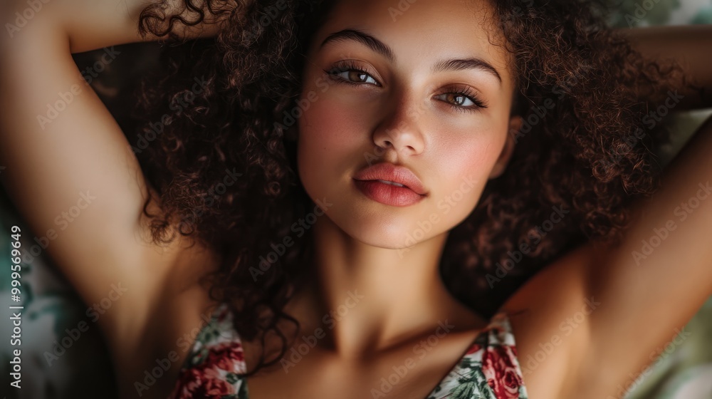 Portrait of a lovely young woman with curly hair wearing a floral dress Portrait of a lovely young woman with curly hair wearing a floral dress