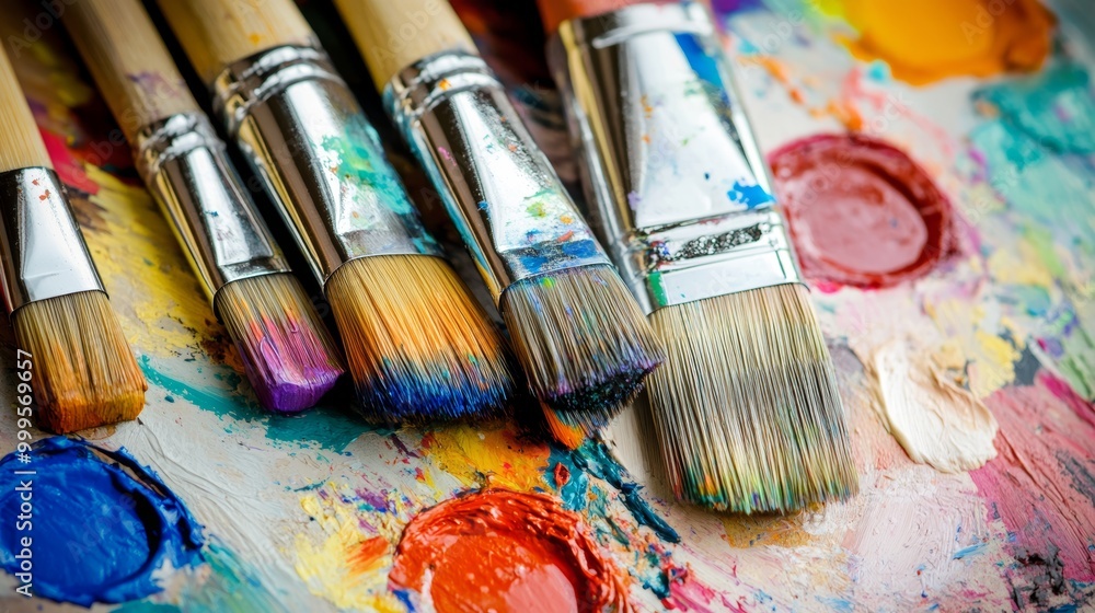 Obraz premium Closeup of brushes colors and palette. The brushes and colorful paints on a palette closeup