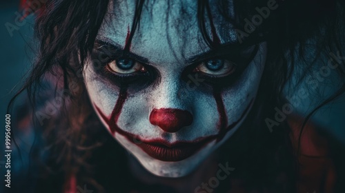 Girl dressed as a frightening clown featuring dark smeared makeup