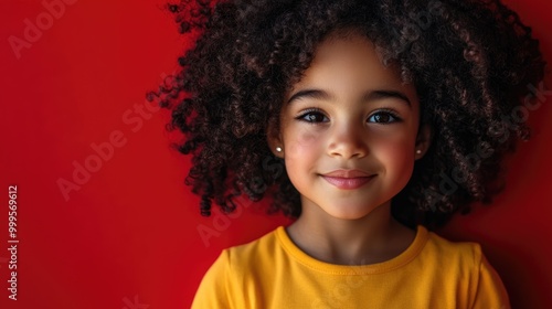 Wallpaper Mural Portrait of an adorable young girl with curly hair against a vibrant red backdrop Torontodigital.ca