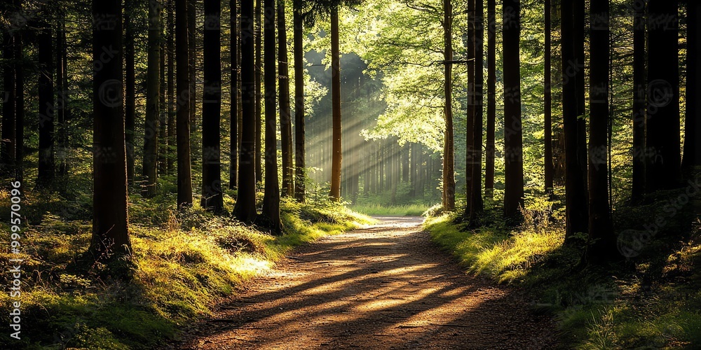 Fototapeta premium Sunbeams illuminate a path through a dense forest.