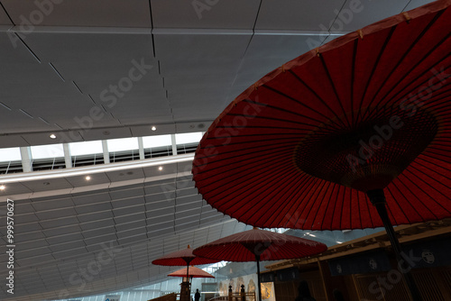 Red umbrellas and architecture in Japan.