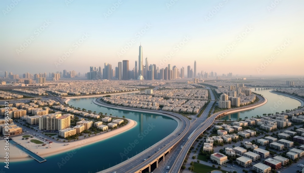 Obraz premium Modern cityscape with curved river and skyline at sunrise