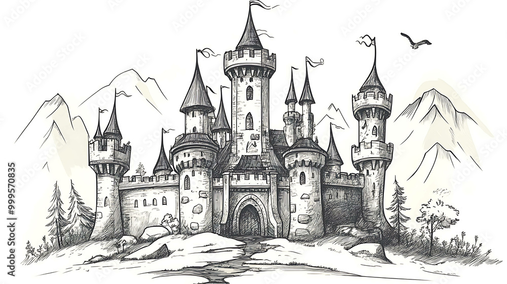 Hand drawn sketch of a fairytale castle in a mountain landscape. Hand drawn sketch of a fairytale castle in a mountain landscape.