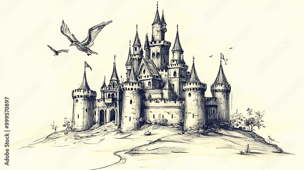 Hand-drawn sketch of a majestic castle with flying birds. Hand-drawn sketch of a majestic castle with flying birds.