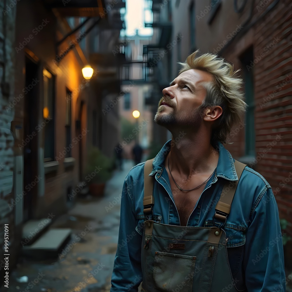Fototapeta premium Thoughtful Man in Denim Overalls Standing in an Alley, Looking Up