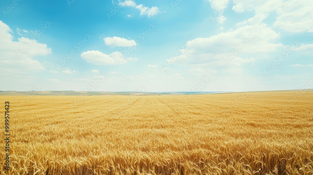 Golden Wheat Field Under a Clear Blue Sky with Fluffy White Clouds on a Sunny Day Golden Wheat Field Under a Clear Blue Sky with Fluffy White Clouds on a Sunny Day